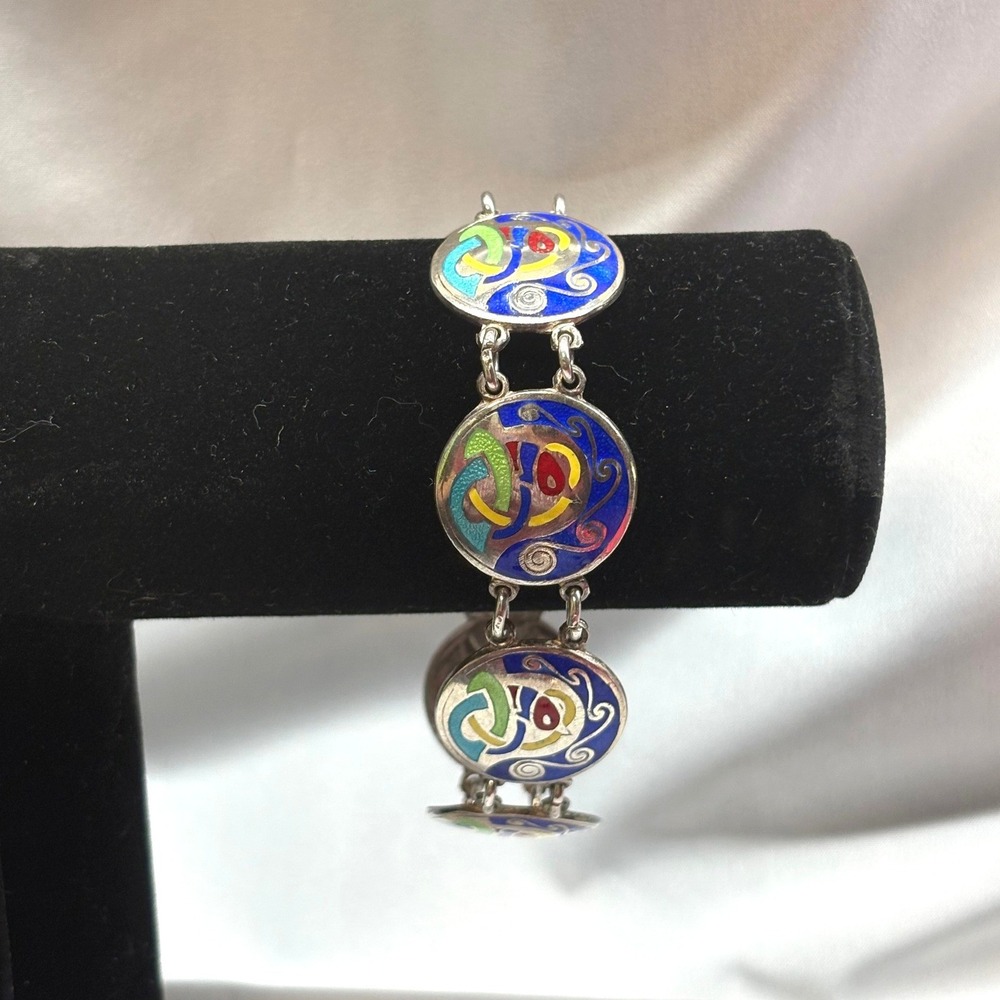 Celtic Irish Art Bracelet Unisex 7.25in Blue Silver Good Enamel Sterling Link